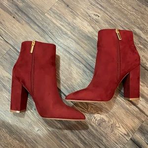 Burgundy, suede, high heeled boots w/ gold zipper